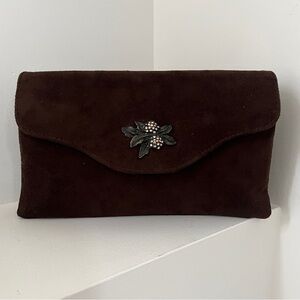 WHITE BUFFALO Faux Brown Suede Clutch Bag Rhinestone Leaf Detail Evening Travel